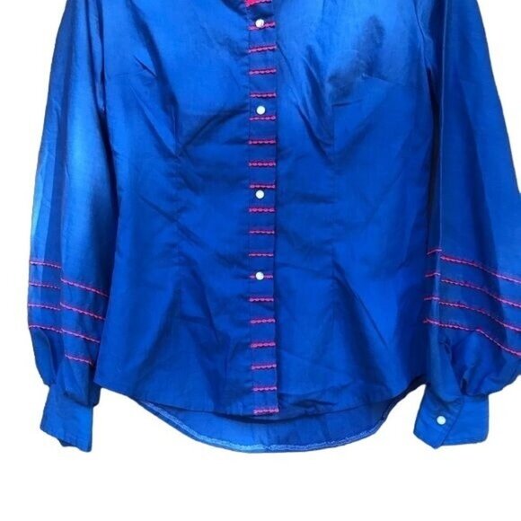 Vintage Karman Western Wear Lantern Sleeve Blue Red Embroidery Button Down Shirt - Picture 4 of 8